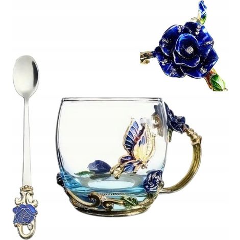 Tasse élégante pour thé ou café avec cuillère, mug en verre bleu rose. (1/5)