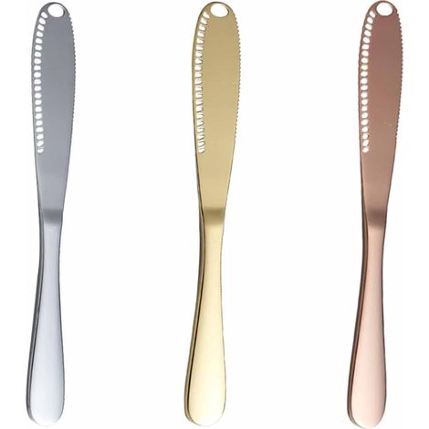 3 couteaux à beurre multifonctions, couteaux à beurre en acier inoxydable, couteaux à fromage avec bords dentelés pour étaler le beurre, le fromage ou la confiture (3 couleurs) (1/5)
