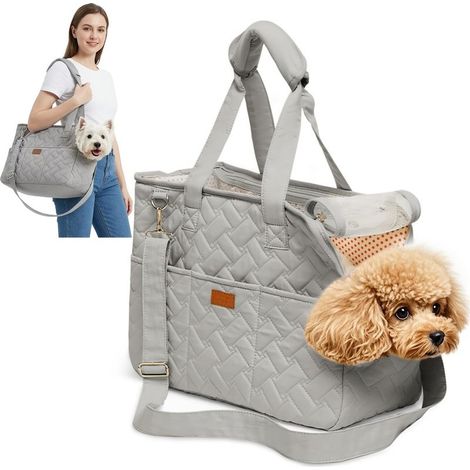 Sac de Transport pour Chien et Chat, pliable, tissu respirant, poches intégrées, sac à bandoulière, pour voyages et sorties, Gris Étoilé, taille S, OUYLAF (1/5)