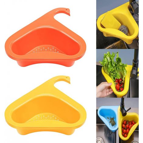 Colador de fregadero, juego de dos cestas coladoras de plástico, aptas para frutas, verduras y restos de comida, de color naranja y amarillo.