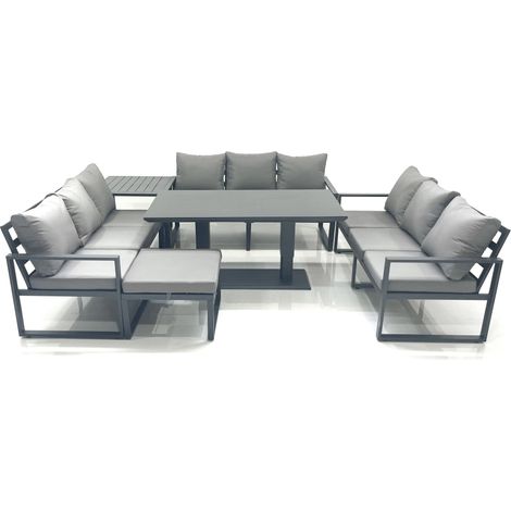 Fimous 10 Seater Garden Sofa Set Aluminium Furniture Rising Dining Tabe Set with Side Table Big Footstool Dark Grey (1/5)
