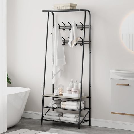 Vestiaire d’Entrée avec Banc et Range-Chaussures 4-en-1, Porte-Manteau avec 5 Crochets, Étagère de Rangement Bois et Métal, Meuble d’Entrée Gris (1/5)
