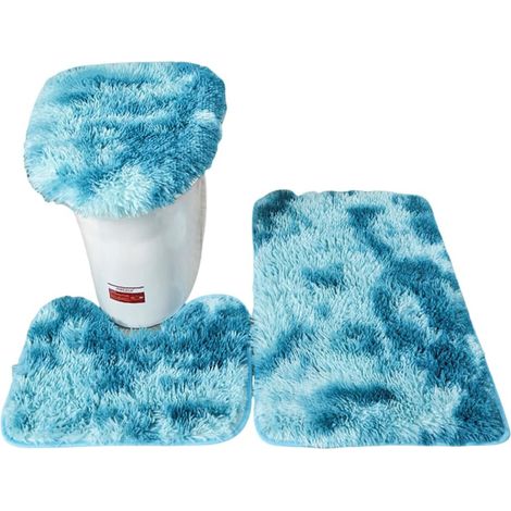 Weiches Badezimmerteppich-Set, 3-teilig, bestehend aus Badematten, U-förmiger WC-Bodenmatte und WC-Deckelbezug (Blau) (1/5)