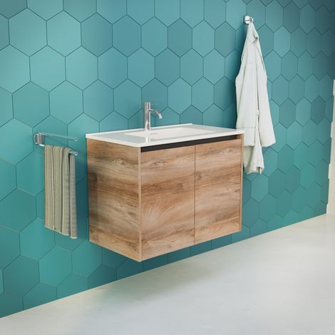 Inda - Badezimmerschrank B.80 mit glänzendem Waschbecken / Natureiche 2 Türen - Saphir (1/5)