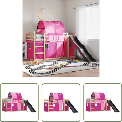 vidaXL Holzbett - Etagenbett mit Rutsche und Gardinen Rosa 80x200 cm (1/5)