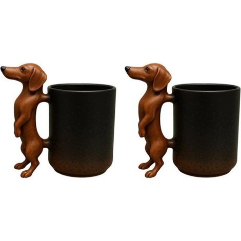 2x Tasse à café, poignée teckel 3D, céramique, 325 ml, bicolore, pour amoureux des chiens