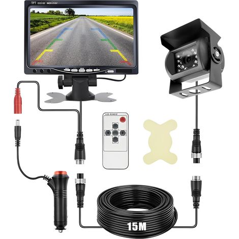 Kit Caméra de Recul et Moniteur LCD 7 Pouces écran, Vision Nocturne  IR Caméra de Recul filaire étanche avec 18LED 12V-24V Caméra Filaire avec 15M Câble pour Camping Car, Camions, Remorques, Bus (1/5)