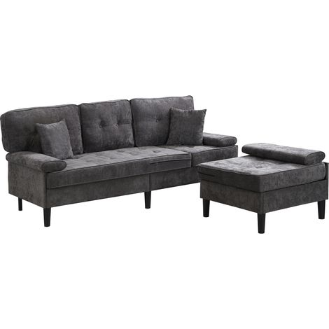 Divano angolare modulare a L in ciniglia grigia con pouf mobile 195 cm MODENUIT (1/5)