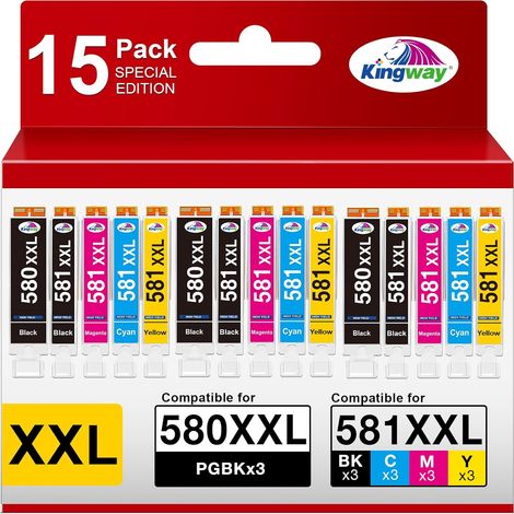 580 581 XXL Cartouches Encre Compatibles pour Canon PGI-580 CLI-581 XXL Multipack pour Canon Pixma TS6350 TS705 TS8350 TS8352 TS9550 TS6351 TS8351 TR8550 TR7550 TS9150 (15 Pack) (1/5)