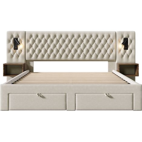 Letto matrimoniale 160x200 cm beige in velluto con 2 comodini, 4 cassetti, lampade e USB (1/5)