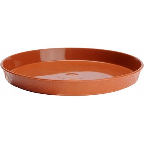 Soporte con apariencia de madera para una maceta de 25 cm. Ligero, resistente a las heladas, de color terracota.