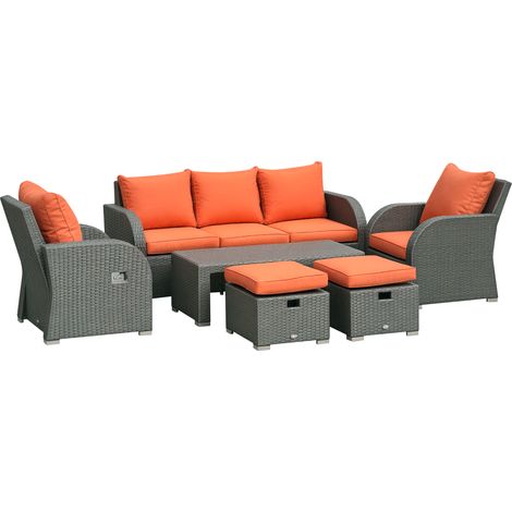 Outsunny 6pc Padded Outdoor Rattan Wicker 3-Seat Sofa Recliner Footstool Table Orange