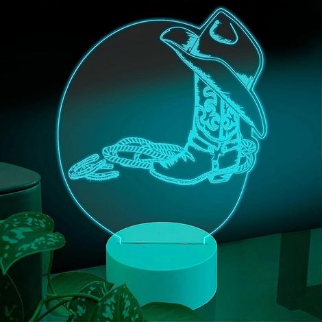 Lampe de table LED 3D West, chapeau de cowboy américain et lasso en forme de fer à cheval, plaque en verre acrylique à illusion d'optique (1/4)