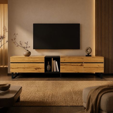 TV-Möbel 180 cm mit Klappe, offenen Fächern und Doppeltüren, Holzoptik HAVRYA (1/5)