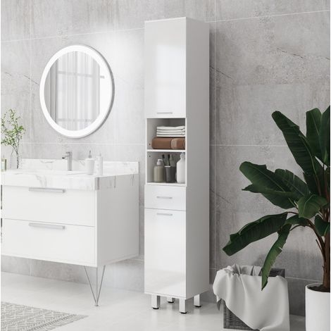 Mobile bagno colonna con cassetto e ripiani regolabili, 30 x 30 x 180 cm, bianco DESVIAE (1/5)
