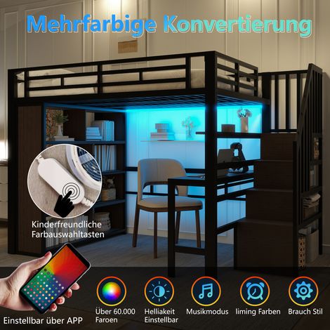 Lit mezzanine 140x200 cm fer noir,bureau,rangements,LED,escalier avec rangement,structure robuste,design compact,sans matelas (1/5)