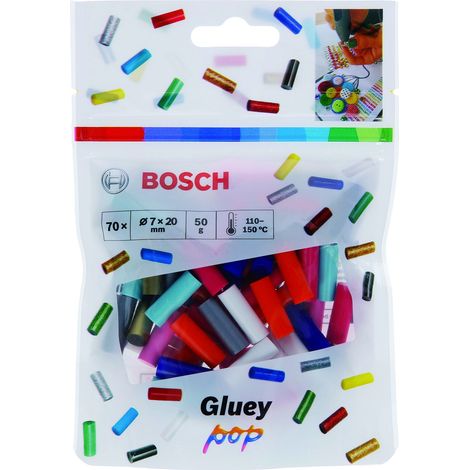BOSCH 70 PIÈCES BÂTONS DE COLLE GLUEY (BÂTONS DE COLLE GLUEY POP, DIMENSION DU BÂTON : 20 X7 MM, ACCESSOIRE POUR PISTOLET À COLL