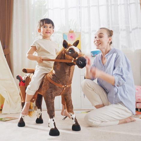 Cavalo à bascule pour enfants de 2 ans et plus avec hennissement, selle et étriers, en peluche et métal, 85x28x60 cm, Marron (1/5)
