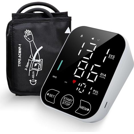 Oberarm-Monitor für den Heimgebrauch, Gerät mit Blutdruckmanschette, LED-Hintergrundbeleuchtung, Herzfrequenzerkennung, 2 x 120 Aufzeichnungen, Manschette 8,7–18,9 Zoll