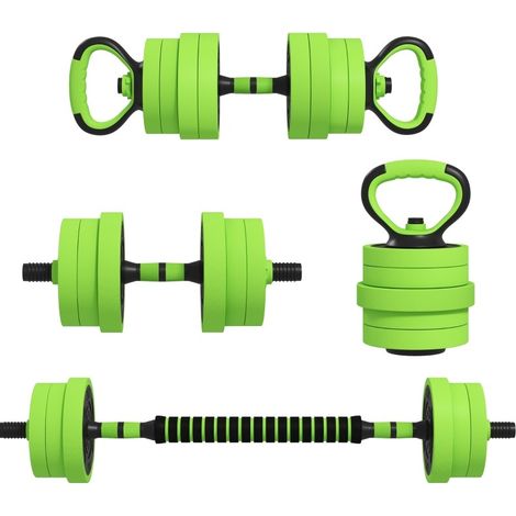 Set d’haltères 4 en 1 ajustable 20 kg avec haltères, kettlebell et poignées de push-up vert (1/5)
