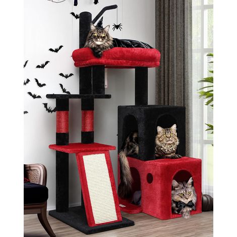 Arbre à Chat Gothique Noir Rouge avec 2 Grandes Bases, 2 Niches Rotatives à 90°, Plateforme Doux, Pente en Sisal, Arbre a Chat pour Chatons Grands Chats Grimper Se Coucher (F50, Gothique) (1/5)