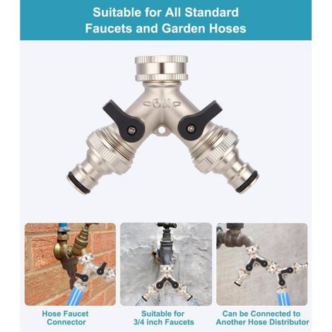 Raccord Y laiton 3/4" répartiteur 2 voies pour robinet avec valve, connecteur tuyau d'arrosage avec joint noir, machine à laver (1/4)