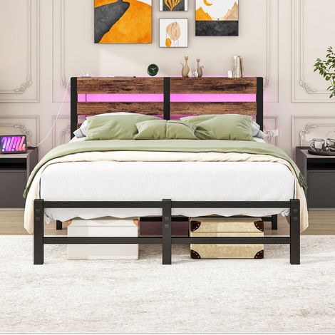 Lit 120x200 cm noir et marron avec LED, USB et rangement, métal et bois, sans matelas MEUBLIV (1/5)