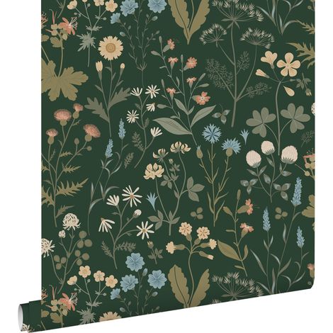 papier peint fleurs des champs vert foncé et bleu - ESTAhome