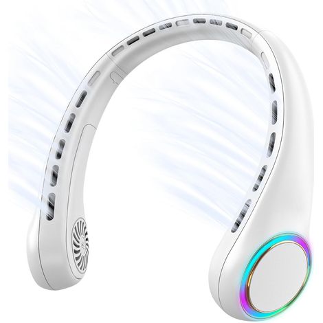 Ventilateur de cou portable et rechargeable par USB, sans pales : silencieux, pratique à porter et adapté au sport, avec éclairage coloré. (1/5)