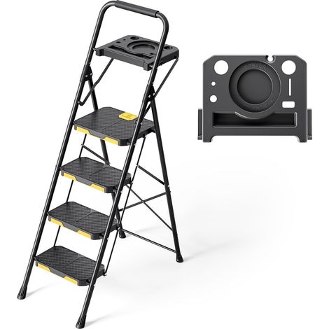 Escabeau 4 Marches avec Plateau à Outils, Escabeau Pliable Large Pédale Antidérapante, Marche Pied avec Mains Courantes, Échelle Domestique pour Maison, Cuisine, Garde-Manger, Placards, Noir (1/5)
