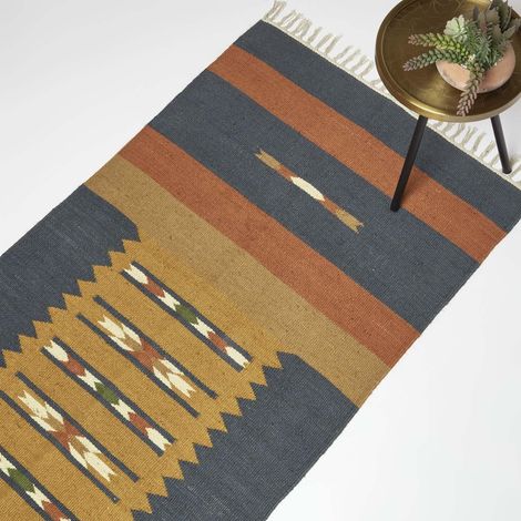 HOMESCAPES Lundi Orange & Blue Kilim Runner Cotton & Jute Rug 80 x 180 cm