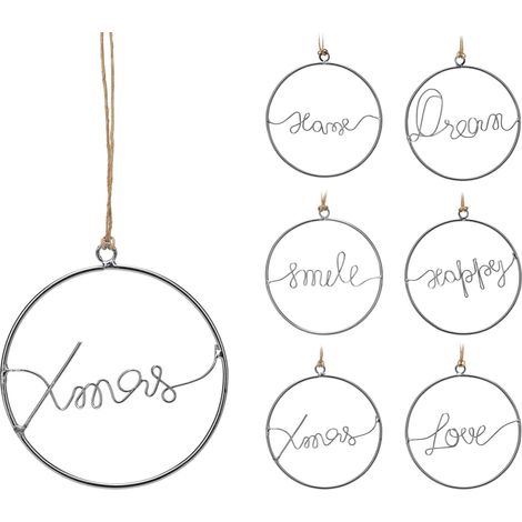 OFFERTA 4 PENDAGLI IN METALLO ARGENTO SCRITTE NATALIZIE 10CM