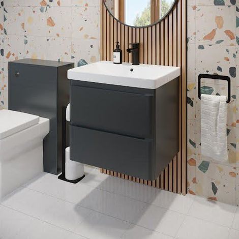 Regis Bathroom Grey Gloss Vanity Unit and Basin Sink Storage Furniture Cabinet - 600mm Wall Hung