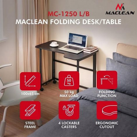 Mesa de trabajo plegable Maclean, negra, con ruedas, 100 x 65 cm, máx. 50 kg, en ángulo, forma de L, MC-1250 L/B (1/5)