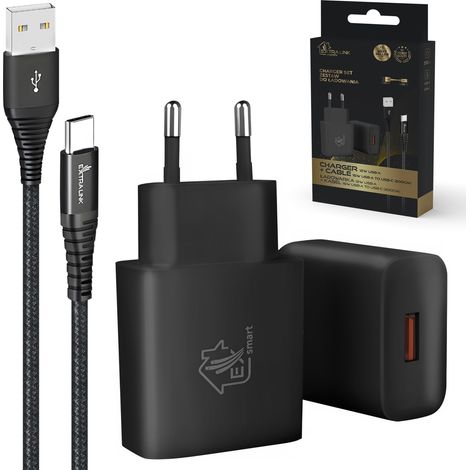 Extralink smart life  usb type-a - type-c seti, 200cm, siyah + 12w şarj cihazı  siyah
