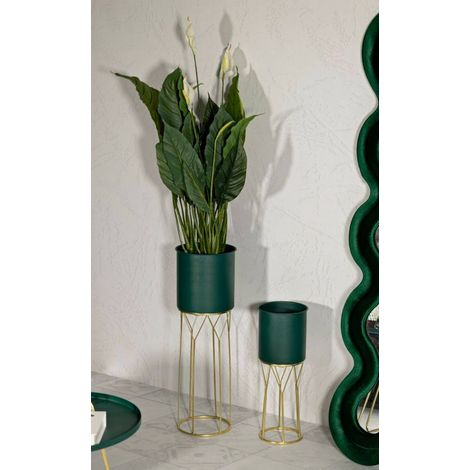 Set di 2 portavasi Rangitikei, Complemento d'arredo, Articolo decorativo, Accessorio d'arredo, 23x23 h70 cm, Verde e Oro