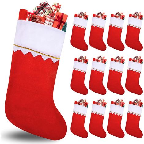Lot de 12 bas de Noël en feutre pour cheminée, non tissés rouges, prêts à accrocher, avec bordure dorée