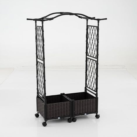 COSTWAY Fioriera Rialzata con Graticcio e Tetto, Irrigazione Automatica e Ruote Bloccatili, Letto da Giardino Rialzato in Rattan Impermeabile per Piante Rampicanti, Fiori ed Erbe (Marrone)