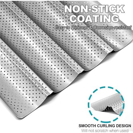 Backform – Baguetteform – 4 Reihen – Backblech für Baguettes – Antihaftbeschichtung – perforiert – 38 x 33 x 2 cm – Stahl – silber (1/4)