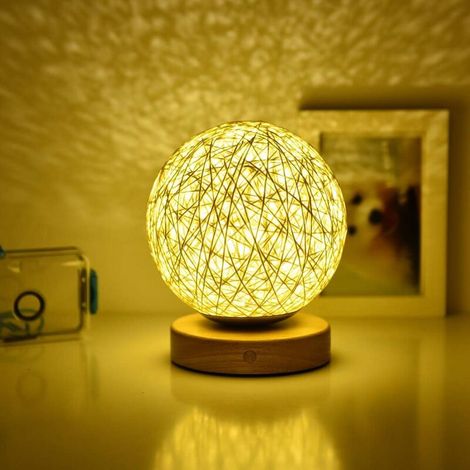 Rotin Lumière de Nuit, Lampe de table en bois avec abat-jour tissé à la main, USB rechargeable, Lampe d'Ambiance de Chambre en Rotin et Bois pour chambre à coucher, salon, Blanc