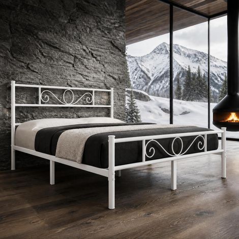 Struttura Letto Matrimoniale In Acciaio Al Carbonio Con Decorazioni E Rete A Doghe Metalliche Per Camera Da Letto Stanza Ospiti Design Elegante Minimal 207 X 162 X 88.5 Cm - Colore: Bianco (1/5)