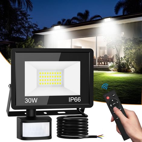 Projecteur LED avec Détecteur de Mouvement Extérieur, 30W Lumineux Flood LED avec Télécommande, IP66 Étanche, 6500K Blanc Froid pour Jardin Garage Cour Mur (1/5)