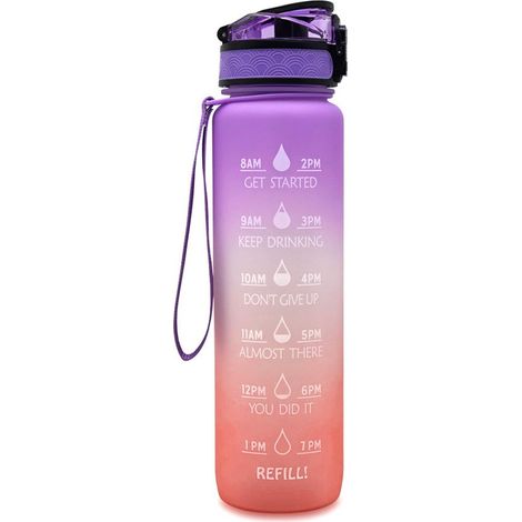 Bouteille d'eau 1 litre, gourde sport avec couvercle étanche et anti-fuite, bidon marqué du temps - Violet + Orange, sans BPA, pour salle de sport, école, vélo, extérieur, fitness et bureau (1/5)