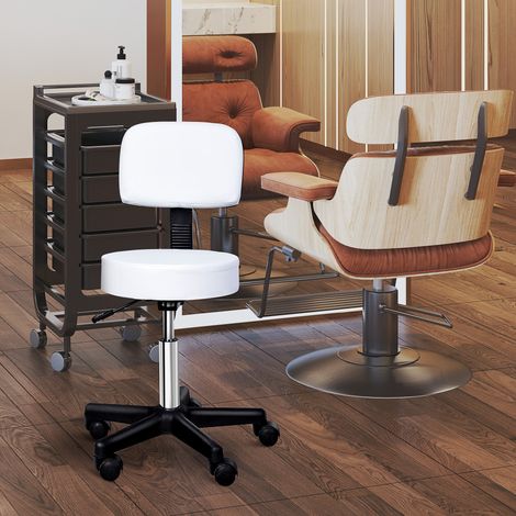 Tabouret Pivotant avec Dossier, Hauteur Réglable et 5 Roulettes, Cuir PU Blanc, Idéal pour Maison ou Boutique (1/5)