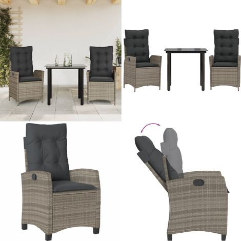 3-tlg. Garten-Essgruppe mit Kissen Grau Poly Rattan - Gartenstuhl - Gartentisch