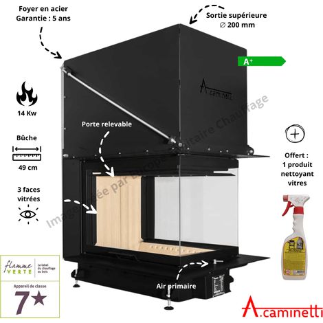 A Caminetti – Foyer bois 50x70 – Insert cheminée 7-14 kW – Rendement 85% – Vitre céramique résistante jusqu'à 800°C