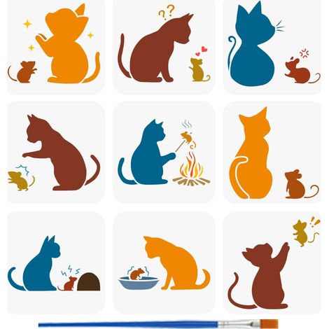 9Pcs Pochoir Chat et Souris pour Peinture Au Pinceau 15x15cm Réutilisable Modèle de Silhouette de Chat et de Souris Pochoir Étoile Creuse Pet Modèle de Thème Animal pour la Décoration (1/5)