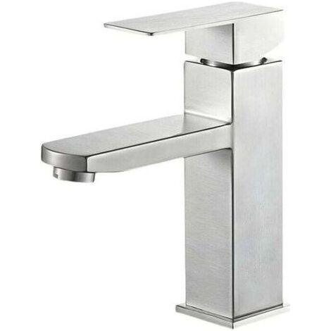 Robinet Salle Bain Mitigeur Lavabo Carré Robinet eau chaude et froide , XU,Mitigeur salle de Bain Acier inoxydable（Equipé de tuyau d'entrée de 80 cm）