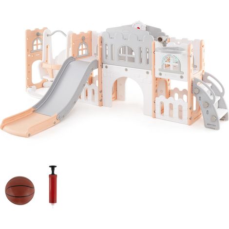 Ensemble 10-en-1 balançoire et toboggan pour tout-petits avec panier de basket et espace de rangement - Rose (1/5)