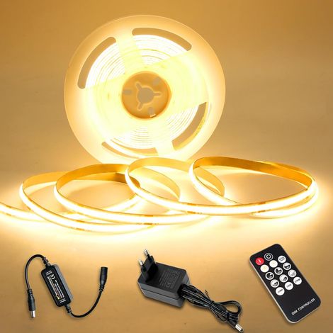 Bande LED COB, blanc chaud, 5 m, bande LED, intensité variable, 24 V, 3000 K, bande lumineuse LED autocollante étanche IP44, bande lumineuse avec alimentation et contrôleur pour montage en sous-plan, (1/5)